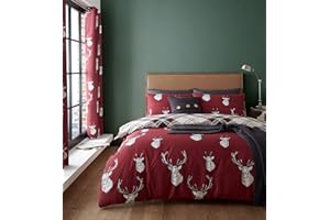 Catherine Lansfield - Set copripiumino Munro Stag Check per letto king, facile manutenzione, rosso, 3 pieces