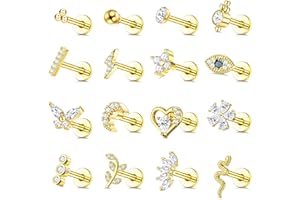 JEWEBELLA JewBella 16 Pièces 16G Boucles d'Oreilles Cartilage pour Femmes Acier Chirurgical Piercing Oreille Filetage Interne CZ Lune Coeur Piercing Tragus Helix Piercing Labret Nez Levres Piercing Oreille
