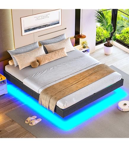 Rolanstar Lit 140x200 Avec Sommier Métal, LED RGB, Ports USB Type-C, Tête De Lit Rangement - Lit 2 Personnes Noir/Marron