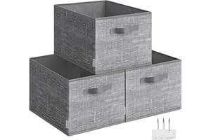 SONGMICS Scatole Portaoggetti Pieghevoli, Set di 3 Contenitori, 40 x 30 x 24 cm, Organizzatori per Armadio, 2 Maniglie, Portaetichette, per Camera da Letto Soggiorno, Grigio Giunco ROB440G01