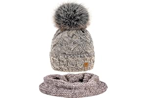 MFAZ Morefaz Ltd Mujer Conjunto Bufanda & Sombrero Beanie de Lana de Alpaca de Invierno Pompón Forro Polar