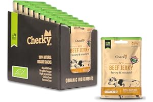 Cherky ECO Beef Jerky BIO Honey and Mustard, 10 x 30g - Fina cecina BIO de ternera española BIO alimentada con pasto, ceto, sin aditivos, sin ingeniería genética, certificado BIO