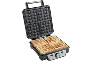 ‎BESTRON Bestron Brüsseler Waffeleisen für 4 belgische Waffeln, Waffelmaker für extra dicke Waffeln, mit Antihaftbeschichtung & wärmeisolierten Handgriff, 1100 Watt, Edelstahl, Farbe: Silber/Schwarz