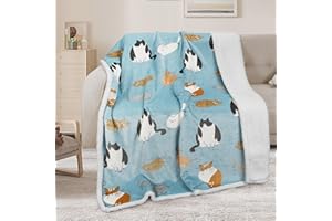 Catalonia Classy Sherpa Decke Katze Blau Kuscheldecken, Extra Dicke Warm Sofadecke Couchdecke in zweiseitig, Super Flausch Fleecedecke als Sofaüberwurf oder Wohnzimmerdecke 150x130cm