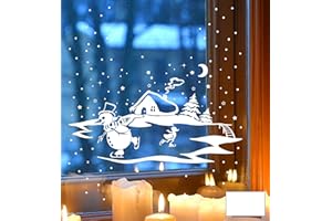 ‎ILKA PAREY WANDTATTOO-WELT ilka parey wandtattoo-welt® Fensterbild Fensterdeko Winterbild Schneemann und Ente die Schlittschuh fahren Winterhaus Tannen M1703 - ausgewählte Farbe: *Weiß* - ausgewählte Größe: *XL - 60cm breit x 38cm hoch*