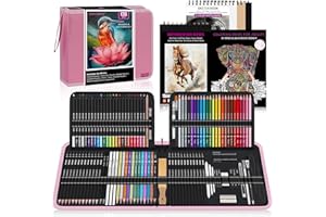 HIFORNY Juego de 136 Piezas de Dibujo y Boceto,Suministros de Arte Profesional con Lápices de Grafito,Carbón,Colores,Acuarela,Metálicos, y Herramientas de Dibujo (Rosado