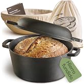 Praknu Cast Iron Pot Set 26 cm &ndash; Cast Iron Pan for Bread &ndash; with Banethon and Bread Bag &ndash; Lid Included &ndash; 4.7 L Dutch Oven &ndash; Br