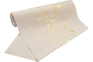 100%Mosel Runner da Tavola Effetto Lino Naturale, Stelle Oro (28 cm x 5 m), Fascia da Tavola, elegante Decorazione da Tavola per Natale & Avvento
