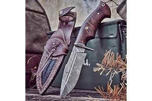 BIGCAT ROAR Beast Hunter - Cuchillo Caza Artesanal Acero Damasco 25,4 cm - Mango Madera Nogal y Funda Cuero - EDC Bushcraft, Monte, Campo y Supervivencia - Regalo Hombres, Cazadores o Coleccionistas