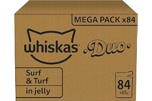 Whiskas Adult 1+ våtfoder för katter Tasty Duo Surf & Turf i gelé, 84 portionspåsar, 84 x 85 g (1 storförpackning) – högkvali