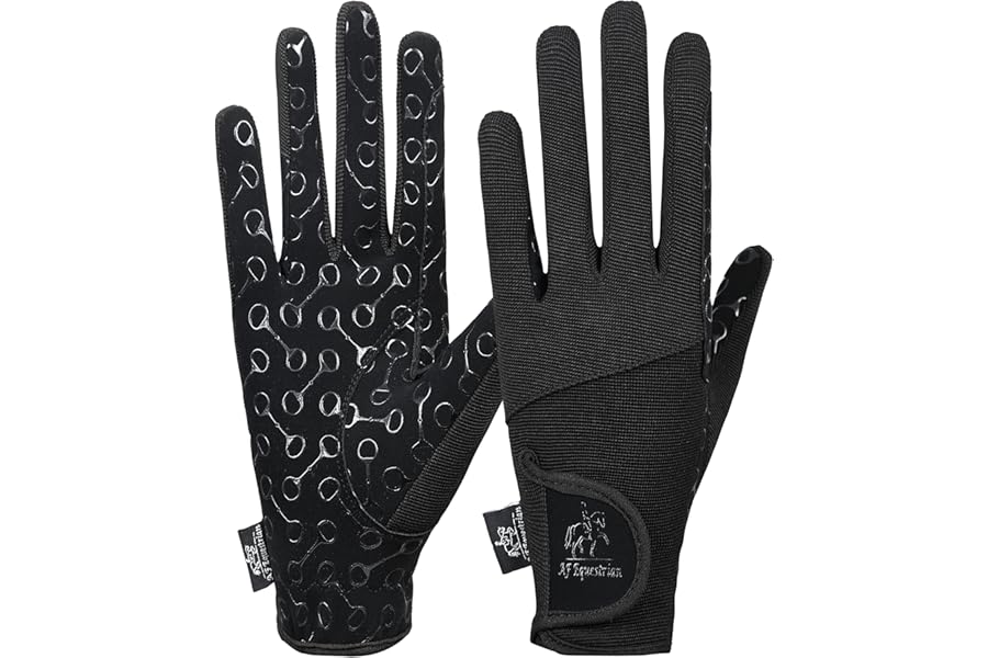 AFE Ladies Horse Riding Gloves Track Fabric Gloves Synthetic Leather Equestrian Black Stretch Fabric Silicone Printed Palms
