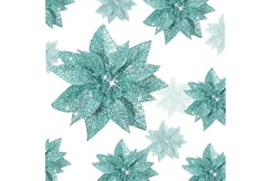 Chunyin 36 Pezzi Poinsettia di Natale Fiori Artificiali di Magnolia per Albero di Natale Fiori Finti Glitterati Natalizi con Clip Decorazioni per Ghirlanda Festa Capodanno, 3 Dimensioni (Blu Verde)