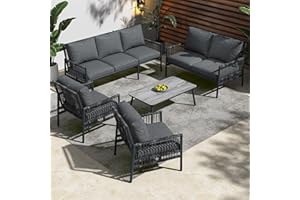 Oslghy Conjunto Jardín Exterior, Muebles de Balcón Lounge 5 Piezas, Salón de Jardín, Conjunto Terraza de Mueble de Balcón Lounge para 7 Personas con Mesa, Cojines de Asiento Extraíbles (Gris)