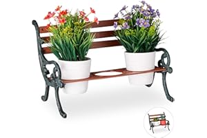 Relaxdays Soporte Macetas Banco Jardín, Hierro fundido-Madera, Marrón-Gris-Verde, 3 Macetas, Ø 9 cm