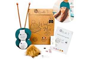 Needle It® Kit completo para tejer gorro verde oscuro - Gorro de lana bricolaje para niños y adultos - Kit completo con aguja, ovillo e instrucciones - Lana francesa