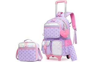 HTgroce Multipoche Sac à dos à roulettes pour fille avec trousse à crayons et sac pour le déjeuner, sacs à dos scolaires à roulettes, sac à dos scolaire à roulettes, 3 pièces - violet étoile, 43 x 30