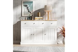 Aoskem Sideboard Weiß Kommode mit Stauraum 2 Schubladen & 3 Türen, Sideboard Wohnzimmer, 120x36x80cm, Buffetschrank Küchenschrank Schließfach Standschrank Anrichte Schrank Schlafzimmer, Weiß+Holzfarbe