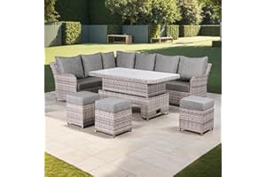 Rattan park 9 Seater Garden Furniture Aluminium Elite Left Hand Corner Set with Rising Table in Grey Weave