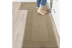 BEQHAUSE Kitchen Rugs Washable Kitchen Mats Floor Non-Slip Kitchen Mats Absorbent Kitchen Runner with TPR Non Skid Backing,Set of 2(50X76cm+50X122cm,Beige)