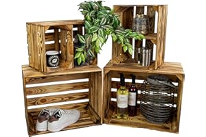 KISTENKOLLI ALTES LAND Cassette vintage fiammate, 50 x 40 x 29 cm/40 x 30 x 25 cm, decorazione per la casa, per la frutta, il vino o il fai da te (set da 4, design orizzontale)