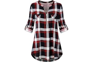 Odosalii Women's Plaid Tunic Blouse with Zip Up V Neck and Floral Print, Long/Short Sleeve Polo Top