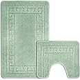 Velosso Non Slip Striped 2 Piece Bath Mat & Pedestal Mat Greek Key Plain Colours (Sage)