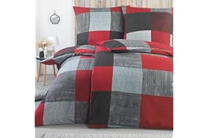 ‎BASATEX BaSaTex Feinbiber Winter Bettwäsche warme und kuschelige Bettgarnitur und Kissenbezug 4teilig 2X 135x200 +2X 80x80 cm | 100% Baumwolle | Karo - Anthrazit Rot
