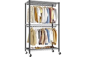 REIBII Clothes Rail, Clothes Rack, 200cm Tall Heavy Duty Clothes Rails for Bedroom, Metal Clothing Rail on Wheels Portable Open Wardrobe with Adjustable Shelves, 200H x 40D x 90W cm, Black