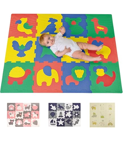 Tappetino Puzzle EVA Per Bambini 145x145 Cm – 36 Pezzi Con Recinzione 15 Cm, Animali Colorati