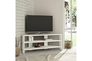 HOCUS PICUS Corner TV Unit with 2 Open Shelves, Rounded-edge Modern Design, TV Stand 32" TVs, Compact TV Media Console for Living Room & Office, Easy Assembly (White)