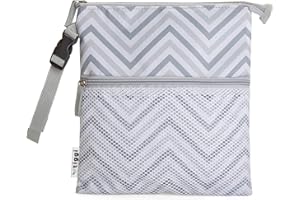 TIGGI Large Wet Dry Bag, Strong Reusable Cloth Nappy Wet Dry Bag, Baby Nappy Change Bag for Spare and Dirty Clothes, Travel Nappy Organiser, Swimwear Bag, Classic Grey Chevron