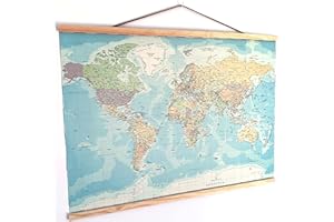 GENÉRICO Mappa Mundi Parete Grande - Stampato Tessuto 370 gr/m2 con Textura/Tela - Mappamondo Dimensioni 97 x 65,4 cm - Mappa del Mondo Gigante con Testi in Inglese, Quadro Mappa Mundi Parete Grande