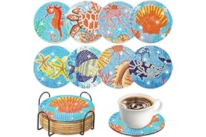 NIZIRIOO 6 Piezas Diamond Painting Posavasos, Posavasos de Pintura de Diamantes con Soporte, DIY Elementos Marinos Diamond Painting Posavasos para Adultos Niños