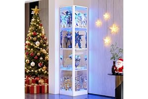 ‎FREDEES FREDEES Vitrine mit Glastüren, Eck-Kuriositätenschränke mit LED-Beleuchtung, 4-stöckige Glasvitrine für Sammlerstücke/Spielzeug/Bücher, Verspiegelter Aufbewahrungsschrank, Weiß