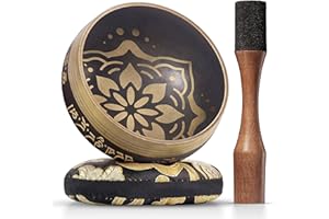 SILENT MIND Ensemble de Bol Chantant Tibétain - Facile à Jouer, Maillet avec deux extrémités et Coussin - Son Magnifique pour les Soins, la Méditation et la Relaxation ~Motif Bliss~ Bol marron foncé