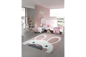 TEPPICH-TRAUM Tapis d'enfant Tapis de Jeu Chambre d'enfant Tapis de bébé Lapin en Rose Blanc Gris Größe 120 cm Rund