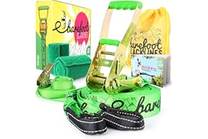 BAREFOOT SLACKLINES Barefoot Slackline Kit 50ft (15m) Komplettset inklusive Ratsche, Trainingsleine, Rindenschutz & Anleitung! Entworfen für Kinder und Erwachsene – 3 Farben erhältlich (Fluro Grün)
