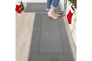 BEQHAUSE Kitchen Rugs Washable Kitchen Mats Floor Non-Slip Kitchen Mats Absorbent Kitchen Runner with TPR Non Skid Backing,Set of 2(50X76cm+50X122cm,Grey)