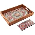 Birch & Co. Wooden Tray for Serving-Free 4 Coasters-10 Inch X 15 Inch-Serving Tray-Tray Set for Decoration-Tea Trays-Big Coffee Tray-Premium MDF Trey-Wooden Serving Trays-Resin Tray,Round