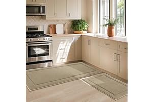 JSEI Non-Slip Kitchen Mats, Self Adhesive No Sliding Kitchen Rugs Set of 2, Soft Washable Absorbent Floor Rugs for Area Rug, Kitchen, Entrance, Bathroom, Bedroom, 61x91cm+61x152cm, Beige