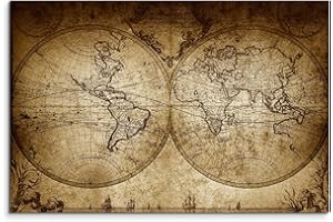 LESCOLTON Augenblicke Wandbilder 1733 Impression sur toile montée sur châssis Motif mappemonde en sépia Style vintage Taille XXL 120 x 80 cm