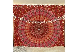 Bless International Tapisserie de literie murale indienne hippie psychédélique psychédélique paon (rouge doré, Taille jumelle (54x72 pouces)(140x185cms))