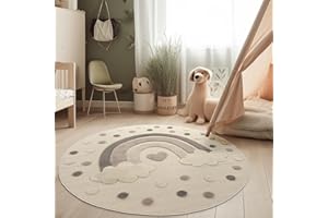 Paco Home Nursery Area Rug Kids Rug For Bedroom Girls Boys Round Soft Sun Design 3D Modern Fluffy, Size:Ø 120 cm round, Colour:Cream