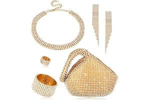 Kakonia Lot de 6 bijoux en cristal pour femme avec strass Collier ras du cou extensible Bracelet extensible Bague en cristal Boucles d'oreilles à franges et triangle Bling Strass Pochette pour mariage