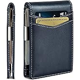 Contacts Genuine Leather Money Clip Wallet Slim Front Pocket RFID Blocking Card Holder Minimalist Mini Bifold for Men's | Up 