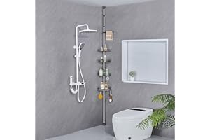 DUFU Adjustable Corner Shelves, Telescopic Shower Caddy with 4 Baskets, 4 Hooks, 1 Towel Rail, No Drilling Bathroom Storage Shelf, 95-305 cm Floor to Ceiling, Grey