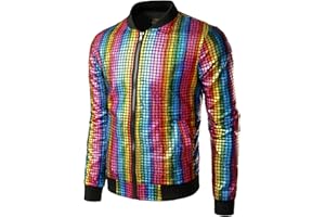 JOGAL Herren Metallic Pailletten Baseball Bomberjacke 70er Disco Party Kostüm