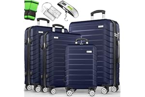 tillvex® Set de 4 Valises de Voyage + Balance, 8 Sangles à Bagages et 4 étiquettes à Bagages | Lot de valises avec roulettes et TSA Lock | Sacs de Voyage à Coque Rigide S-M-L-XL (Bleu Marine)