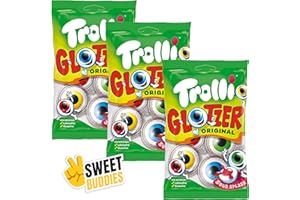 Trolli Glotzer Pack 3x4 – Yeux en gélatine acidulés avec cœur liquide – Friandises cultes pour Halloween & fêtes – Sans lactose, sans gluten – Avec autocollant Sweet Buddies