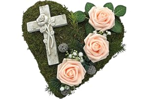‎RADAMI Grabgesteck Grabschmuck Grabaufleger Moosherz Grabherz Trauerherz Grab Herz Gesteck Rosen mit Kreuz (Rosen Rosa)